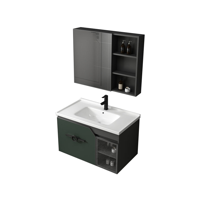 Modern Single Sink Vanity Metal Base Rectangular Wall Mount Vanity Set Vanity & Faucet & Mirror Cabinet 31.9"L x 18.5"W x 18.1"H Green Clearhalo 'Bathroom Remodel & Bathroom Fixtures' 'Bathroom Vanities' 'bathroom_vanities' 'Home Improvement' 'home_improvement' 'home_improvement_bathroom_vanities' 7342877