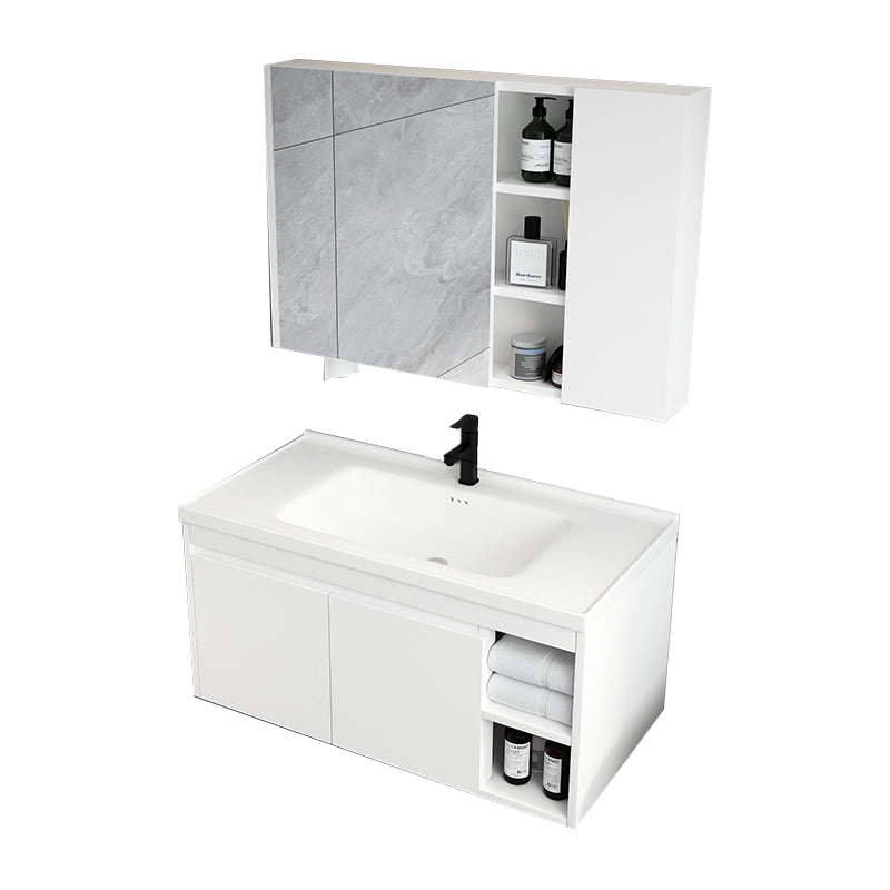 Mid Century Modern Bathroom Sink Vanity Wall Mount Bathroom Vanity with Mirror Vanity & Faucet & Mirror Cabinet 36"L x 16"W x 18"H White Clearhalo 'Bathroom Remodel & Bathroom Fixtures' 'Bathroom Vanities' 'bathroom_vanities' 'Home Improvement' 'home_improvement' 'home_improvement_bathroom_vanities' 7342899