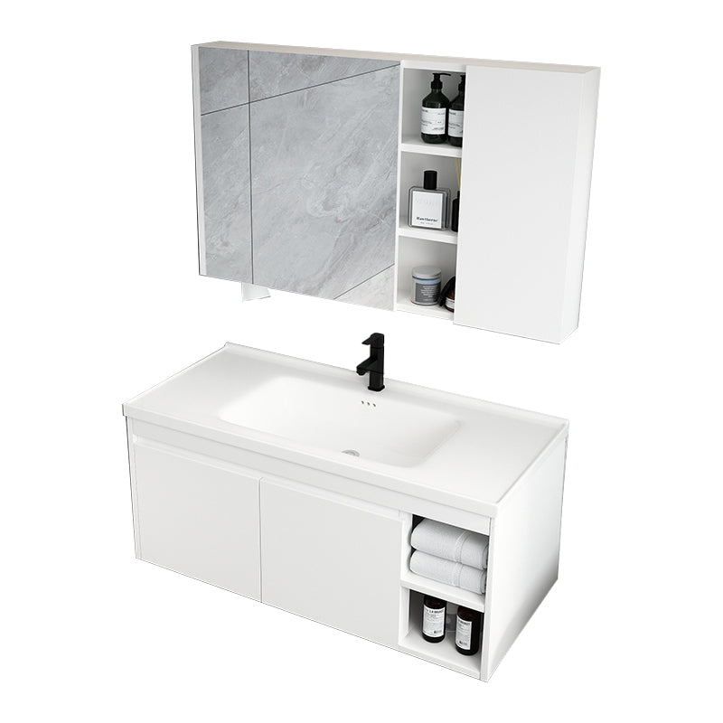 Mid Century Modern Bathroom Sink Vanity Wall Mount Bathroom Vanity with Mirror Vanity & Faucet & Mirror Cabinet 40"L x 16"W x 18"H White Clearhalo 'Bathroom Remodel & Bathroom Fixtures' 'Bathroom Vanities' 'bathroom_vanities' 'Home Improvement' 'home_improvement' 'home_improvement_bathroom_vanities' 7342901