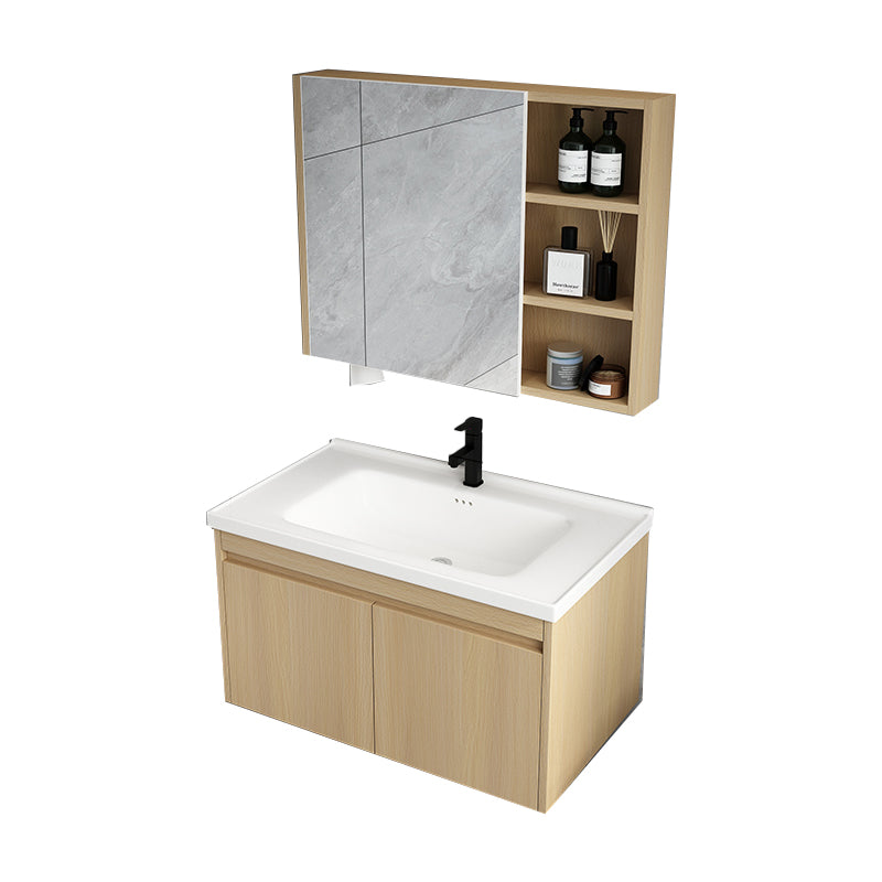 Mid Century Modern Bathroom Sink Vanity Wall Mount Bathroom Vanity with Mirror Vanity & Faucet & Mirror Cabinet 32"L x 16"W x 18"H Wood Clearhalo 'Bathroom Remodel & Bathroom Fixtures' 'Bathroom Vanities' 'bathroom_vanities' 'Home Improvement' 'home_improvement' 'home_improvement_bathroom_vanities' 7342908