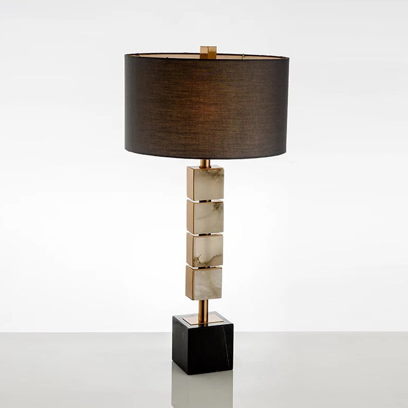 Drum Fabric Table Lighting Modernism 1-Light Brown Desk Lamp with Cube Marble Base Brown Clearhalo 'Lamps' 'Table Lamps' Lighting' 734369