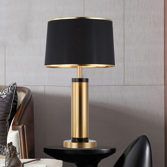 Metallic Tube Desk Light Modernism 1-Light Gold Finish Night Table Lamp with Drum Black Fabric Shade Clearhalo 'Lamps' 'Table Lamps' Lighting' 734414