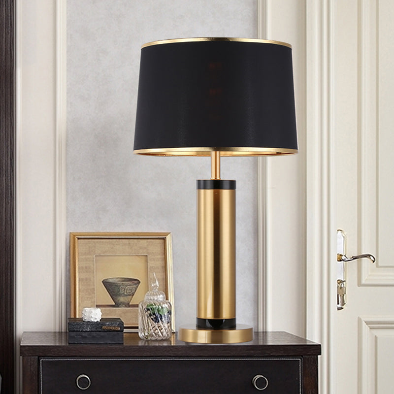 Metallic Tube Desk Light Modernism 1-Light Gold Finish Night Table Lamp with Drum Black Fabric Shade Clearhalo 'Lamps' 'Table Lamps' Lighting' 734415