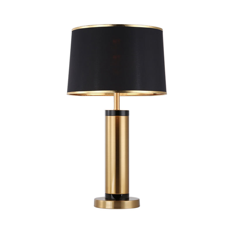 Metallic Tube Desk Light Modernism 1-Light Gold Finish Night Table Lamp with Drum Black Fabric Shade Clearhalo 'Lamps' 'Table Lamps' Lighting' 734416