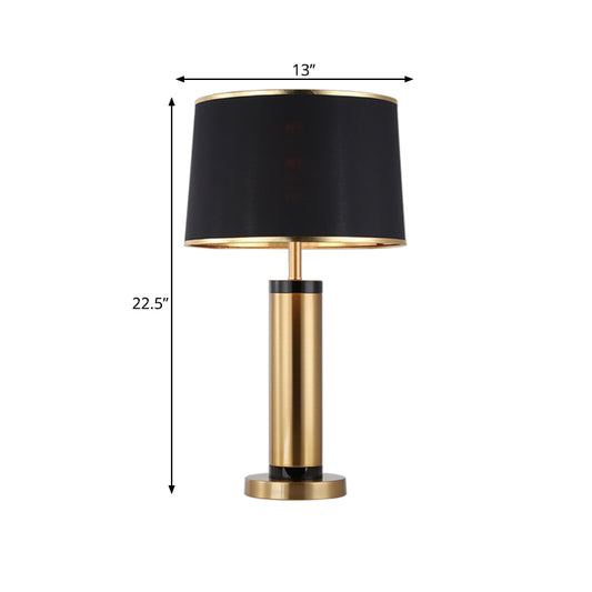 Metallic Tube Desk Light Modernism 1-Light Gold Finish Night Table Lamp with Drum Black Fabric Shade Clearhalo 'Lamps' 'Table Lamps' Lighting' 734417