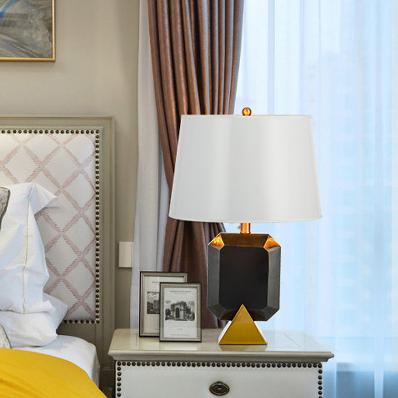 White Drum Desk Light Post Modern 1-Light Fabric Table Lamp with Geometric Marble Middle Column Clearhalo 'Lamps' 'Table Lamps' Lighting' 734420