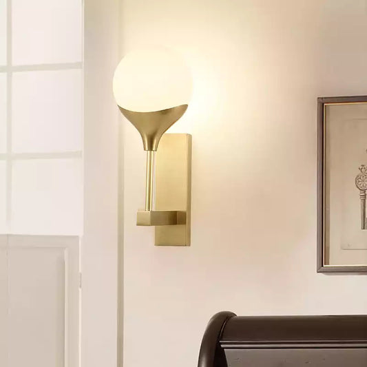 1 Bulb Bedroom Wall Light Minimal Brass Finish Wall Sconce with Globe Cream Glass Shade Clearhalo 'Cast Iron' 'Glass' 'Industrial' 'Modern wall lights' 'Modern' 'Tiffany' 'Traditional wall lights' 'Wall Lamps & Sconces' 'Wall Lights' Lighting' 734543