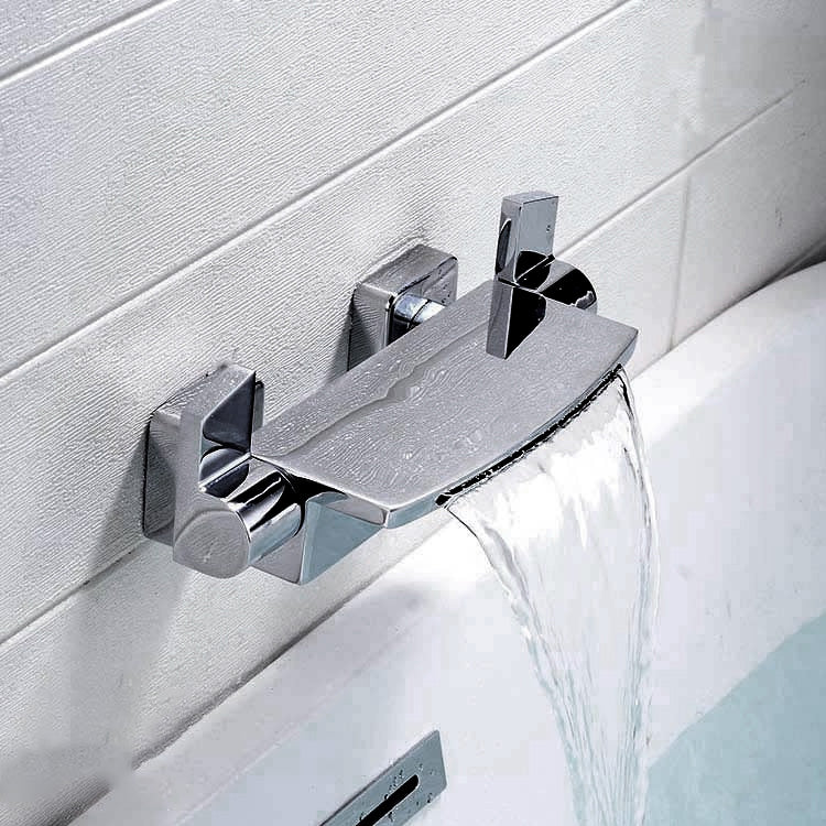 Modern Bathroom Faucet Two Handle Copper Wall Mounted Bath Faucet Trim Silver Hand Shower Not Included Clearhalo 'Bathroom Remodel & Bathroom Fixtures' 'Bathtub Faucets' 'bathtub_faucets' 'Home Improvement' 'home_improvement' 'home_improvement_bathtub_faucets' 7345474