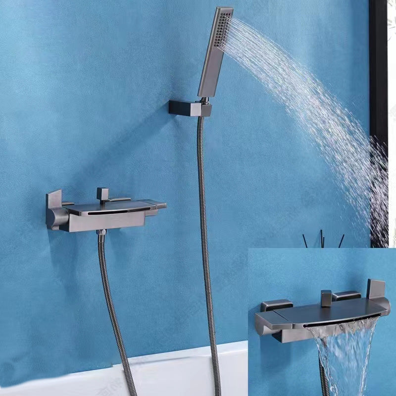 Modern Bathroom Faucet Two Handle Copper Wall Mounted Bath Faucet Trim Grey Hand Shower Included Clearhalo 'Bathroom Remodel & Bathroom Fixtures' 'Bathtub Faucets' 'bathtub_faucets' 'Home Improvement' 'home_improvement' 'home_improvement_bathtub_faucets' 7345482