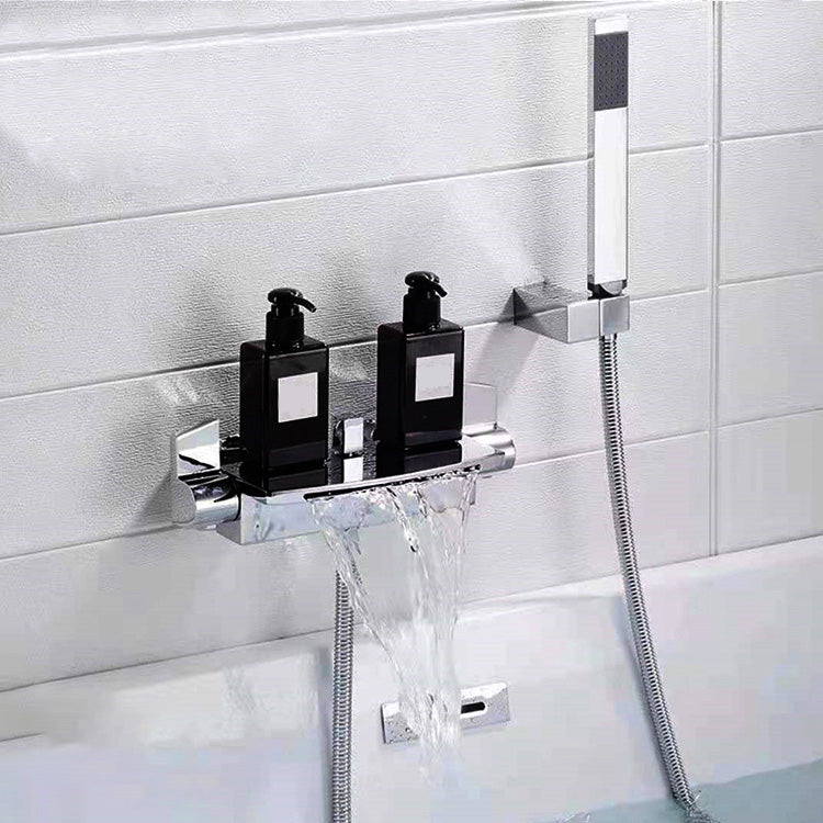 Modern Bathroom Faucet Two Handle Copper Wall Mounted Bath Faucet Trim Silver Hand Shower Included Clearhalo 'Bathroom Remodel & Bathroom Fixtures' 'Bathtub Faucets' 'bathtub_faucets' 'Home Improvement' 'home_improvement' 'home_improvement_bathtub_faucets' 7345484