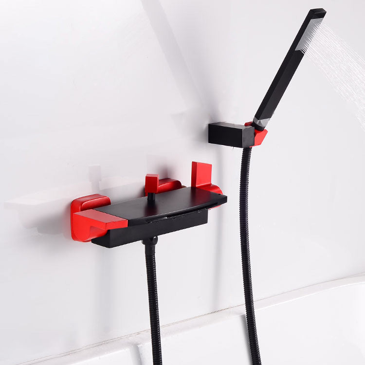 Modern Bathroom Faucet Two Handle Copper Wall Mounted Bath Faucet Trim Black-Red Hand Shower Included Clearhalo 'Bathroom Remodel & Bathroom Fixtures' 'Bathtub Faucets' 'bathtub_faucets' 'Home Improvement' 'home_improvement' 'home_improvement_bathtub_faucets' 7345490
