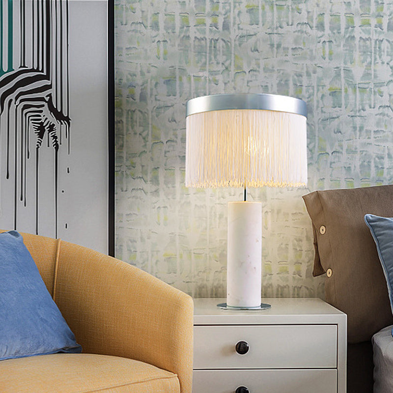 Stone Tube Night Table Light Contemporary 1-Light Desk Lamp in White with Tassel Deco Clearhalo 'Lamps' 'Table Lamps' Lighting' 734656