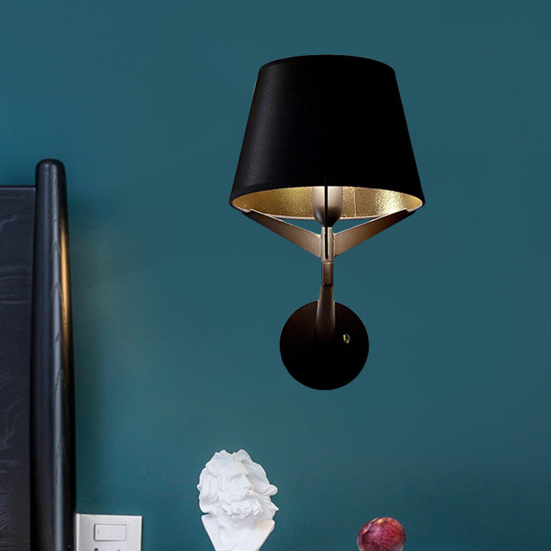 Fabric Barrel Wall Mount Lighting Modern 1 Head Black Finish Wall Sconce with Tripod Lamp Support Black Clearhalo 'Cast Iron' 'Glass' 'Industrial' 'Modern wall lights' 'Modern' 'Tiffany' 'Traditional wall lights' 'Wall Lamps & Sconces' 'Wall Lights' Lighting' 734679