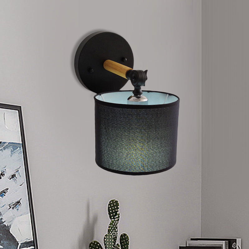 Modernism Armed Sconce Wood 1 Light Bedside Wall Lamp with Black Drum Fabric Shade Black Clearhalo 'Modern wall lights' 'Modern' 'Wall Lamps & Sconces' 'Wall Lights' Lighting' 734689