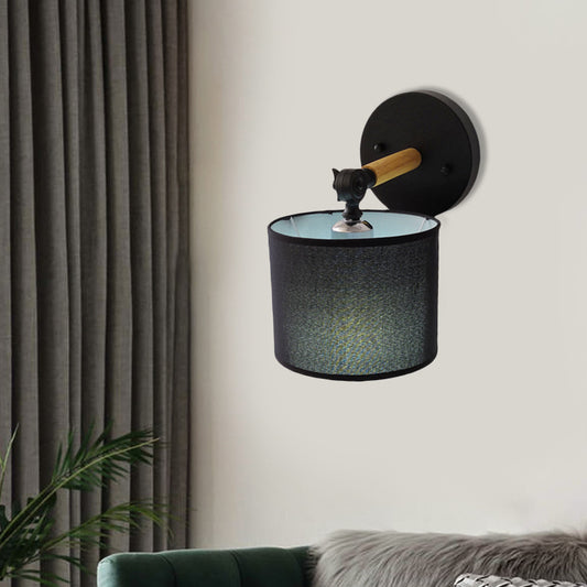 Modernism Armed Sconce Wood 1 Light Bedside Wall Lamp with Black Drum Fabric Shade Clearhalo 'Modern wall lights' 'Modern' 'Wall Lamps & Sconces' 'Wall Lights' Lighting' 734690