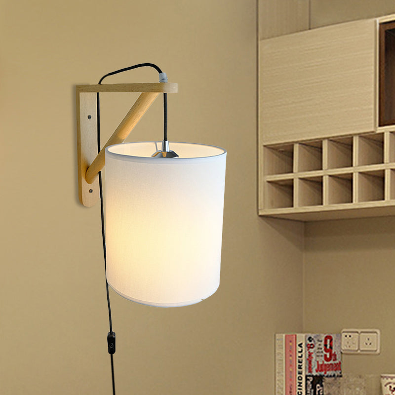 White Cylindrical Fabric Wall Light Sconce Japanese Style 1-Bulb Wood Plug In Wall Mount Lamp White Clearhalo 'Modern wall lights' 'Modern' 'Wall Lamps & Sconces' 'Wall Lights' Lighting' 734694