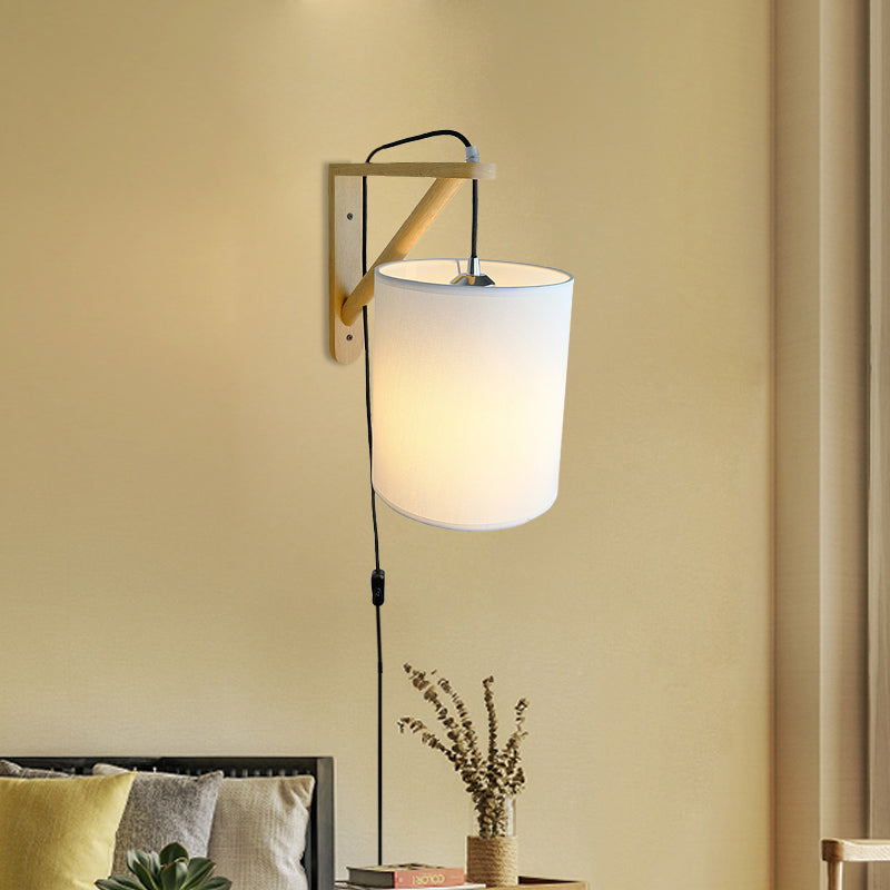 White Cylindrical Fabric Wall Light Sconce Japanese Style 1-Bulb Wood Plug In Wall Mount Lamp Clearhalo 'Modern wall lights' 'Modern' 'Wall Lamps & Sconces' 'Wall Lights' Lighting' 734695