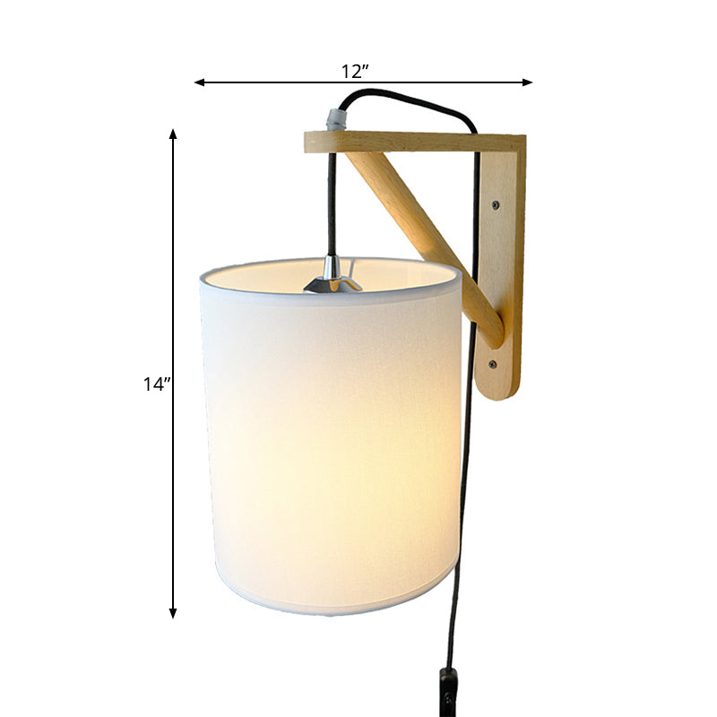 White Cylindrical Fabric Wall Light Sconce Japanese Style 1-Bulb Wood Plug In Wall Mount Lamp Clearhalo 'Modern wall lights' 'Modern' 'Wall Lamps & Sconces' 'Wall Lights' Lighting' 734698