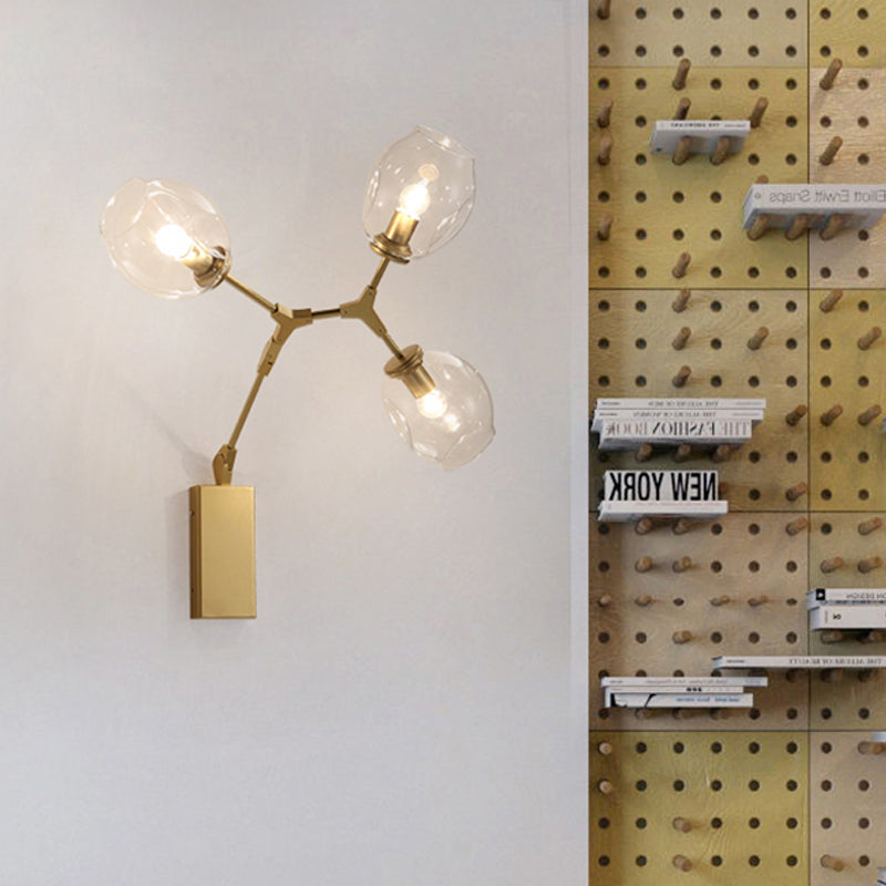 Metal Branch Sconce Light Fixture Post Modern 3 Bulbs Wall Lamp in Gold with Bud Dimpled Clear Glass Shade Clearhalo 'Cast Iron' 'Glass' 'Industrial' 'Modern wall lights' 'Modern' 'Tiffany' 'Traditional wall lights' 'Wall Lamps & Sconces' 'Wall Lights' Lighting' 734726