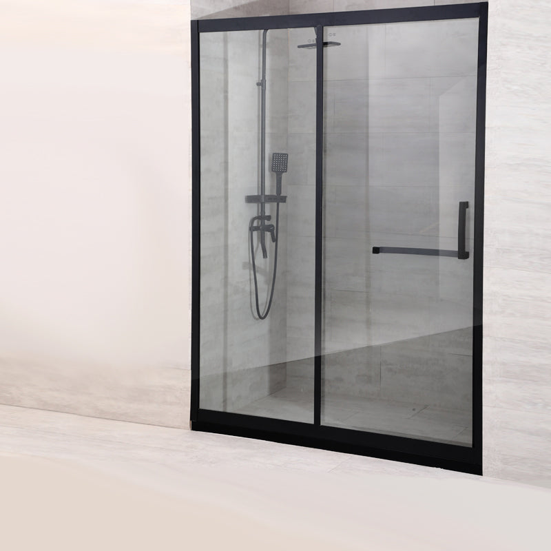 Black Single Sliding Shower Door Framed Tempered Shower Doors Clearhalo 'Bathroom Remodel & Bathroom Fixtures' 'Home Improvement' 'home_improvement' 'home_improvement_shower_tub_doors' 'Shower and Tub Doors' 'shower_tub_doors' 'Showers & Bathtubs' 7347274