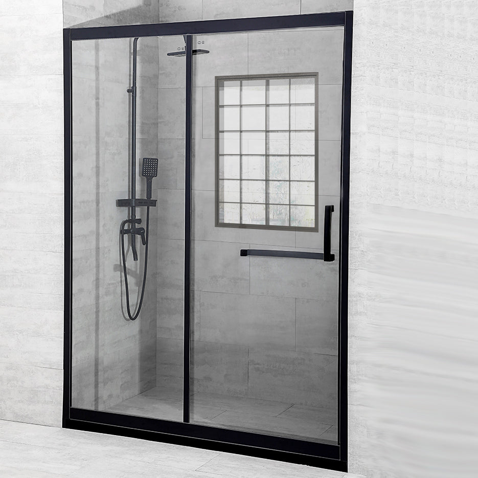 Black Single Sliding Shower Door Framed Tempered Shower Doors Clearhalo 'Bathroom Remodel & Bathroom Fixtures' 'Home Improvement' 'home_improvement' 'home_improvement_shower_tub_doors' 'Shower and Tub Doors' 'shower_tub_doors' 'Showers & Bathtubs' 7347281