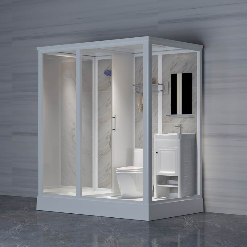Framed White Shower Stall Square Frosted Corner Shower Kit with Base Included 75"L x 47"W x 85"H Toilet Only Clearhalo 'Bathroom Remodel & Bathroom Fixtures' 'Home Improvement' 'home_improvement' 'home_improvement_shower_stalls_enclosures' 'Shower Stalls & Enclosures' 'shower_stalls_enclosures' 'Showers & Bathtubs' 7347358