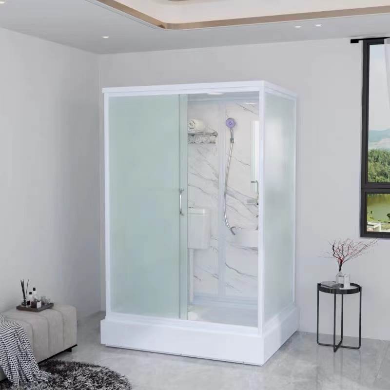 Framed White Shower Stall Square Frosted Corner Shower Kit with Base Included 55"L x 43"W x 87"H Latrine Pit Included Clearhalo 'Bathroom Remodel & Bathroom Fixtures' 'Home Improvement' 'home_improvement' 'home_improvement_shower_stalls_enclosures' 'Shower Stalls & Enclosures' 'shower_stalls_enclosures' 'Showers & Bathtubs' 7347359