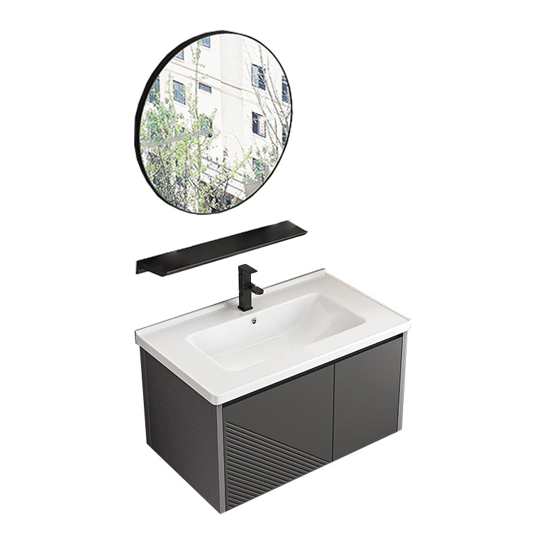 Modern Gray Metal Base Vanity Single-Sink Rectangular Wall Mount Vanity Set Vanity & Faucet & Mirrors Round Mirror Clearhalo 'Bathroom Remodel & Bathroom Fixtures' 'Bathroom Vanities' 'bathroom_vanities' 'Home Improvement' 'home_improvement' 'home_improvement_bathroom_vanities' 7347450