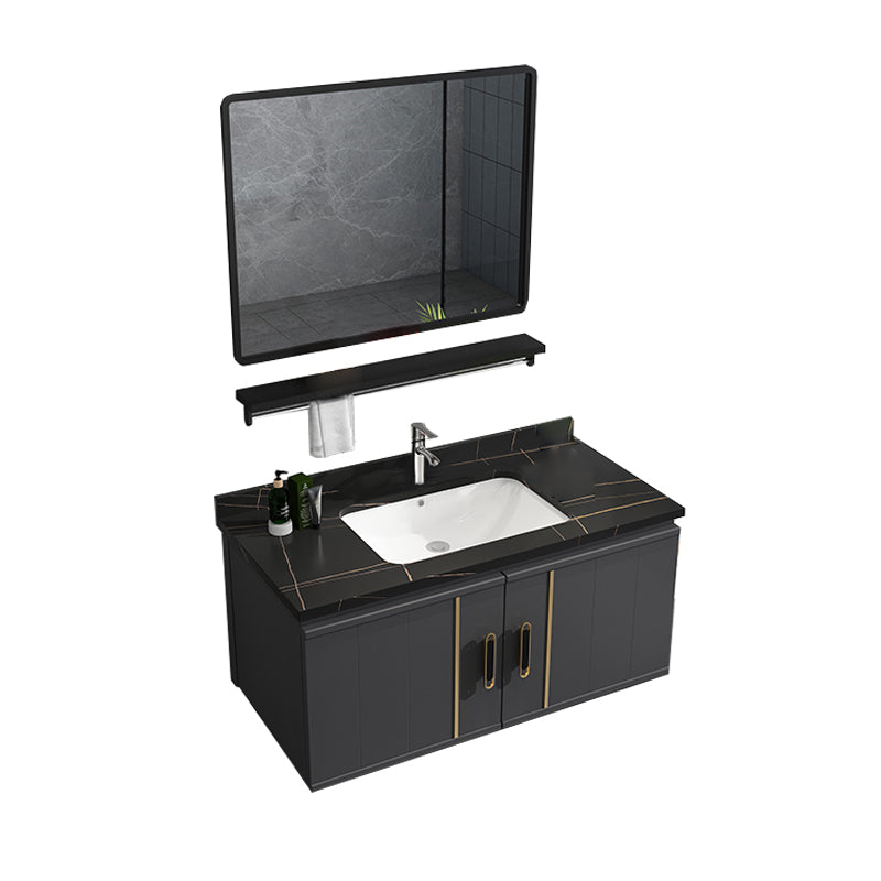 Modern Bathroom Vanity Set Wall Mount Bathroom Sink Vanity with Mirror Vanity & Faucet & Mirrors 32"L x 19"W x 19"H Black Clearhalo 'Bathroom Remodel & Bathroom Fixtures' 'Bathroom Vanities' 'bathroom_vanities' 'Home Improvement' 'home_improvement' 'home_improvement_bathroom_vanities' 7347489