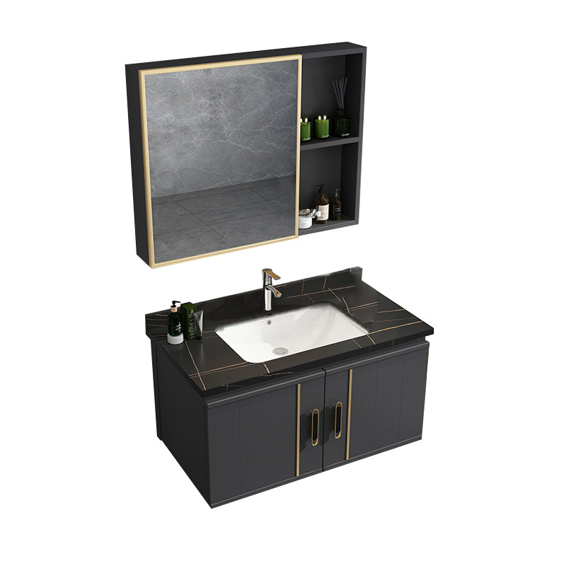 Modern Bathroom Vanity Set Wall Mount Bathroom Sink Vanity with Mirror Vanity & Faucet & Mirror Cabinet 28"L x 19"W x 19"H Black Clearhalo 'Bathroom Remodel & Bathroom Fixtures' 'Bathroom Vanities' 'bathroom_vanities' 'Home Improvement' 'home_improvement' 'home_improvement_bathroom_vanities' 7347498