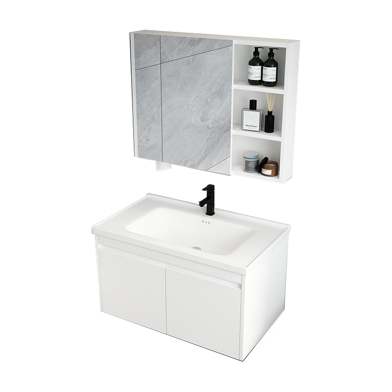 Mid Century Modern Bathroom Vanity Wall Mount Bathroom Sink Vanity with Mirror Vanity & Faucet & Mirror Cabinet 32"L x 14"W x 18"H White Clearhalo 'Bathroom Remodel & Bathroom Fixtures' 'Bathroom Vanities' 'bathroom_vanities' 'Home Improvement' 'home_improvement' 'home_improvement_bathroom_vanities' 7347519