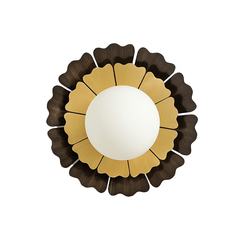 Orb White Frosted Glass Wall Lighting Modern 1-Head LED Yellow and Brown Flush Wall Sconce with Sunflower Backplate Clearhalo 'Cast Iron' 'Glass' 'Industrial' 'Modern wall lights' 'Modern' 'Tiffany' 'Traditional wall lights' 'Wall Lamps & Sconces' 'Wall Lights' Lighting' 734752