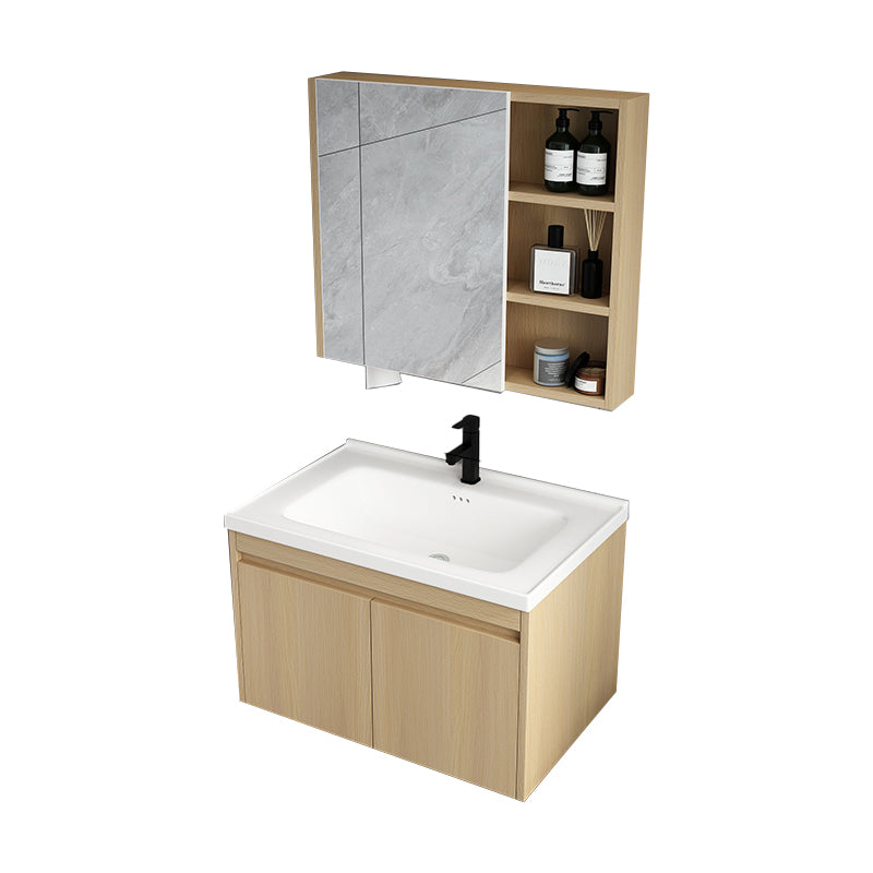 Mid Century Modern Bathroom Vanity Wall Mount Bathroom Sink Vanity with Mirror Vanity & Faucet & Mirror Cabinet 28"L x 14"W x 18"H Wood Clearhalo 'Bathroom Remodel & Bathroom Fixtures' 'Bathroom Vanities' 'bathroom_vanities' 'Home Improvement' 'home_improvement' 'home_improvement_bathroom_vanities' 7347528