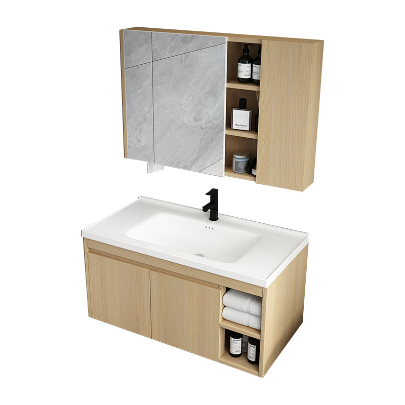 Mid Century Modern Bathroom Vanity Wall Mount Bathroom Sink Vanity with Mirror Vanity & Faucet & Mirror Cabinet 36"L x 14"W x 18"H Wood Clearhalo 'Bathroom Remodel & Bathroom Fixtures' 'Bathroom Vanities' 'bathroom_vanities' 'Home Improvement' 'home_improvement' 'home_improvement_bathroom_vanities' 7347532