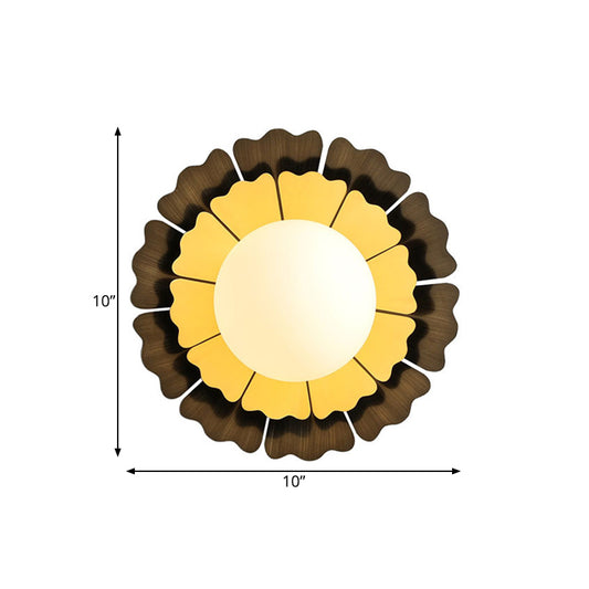 Orb White Frosted Glass Wall Lighting Modern 1-Head LED Yellow and Brown Flush Wall Sconce with Sunflower Backplate Clearhalo 'Cast Iron' 'Glass' 'Industrial' 'Modern wall lights' 'Modern' 'Tiffany' 'Traditional wall lights' 'Wall Lamps & Sconces' 'Wall Lights' Lighting' 734753