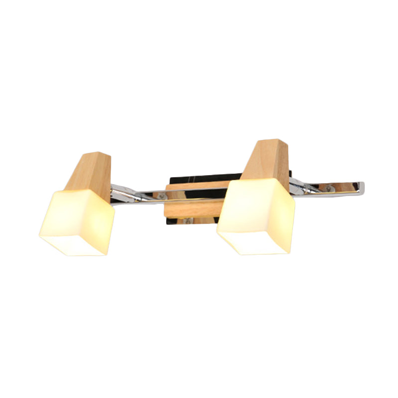 Beige Cube Vanity Light Fixture Modernist 2-Light Milk White Glass Wall Mount Lamp with Wood Top Clearhalo 'Modern wall lights' 'Modern' 'Vanity Lights' 'Wall Lights' Lighting' 734761