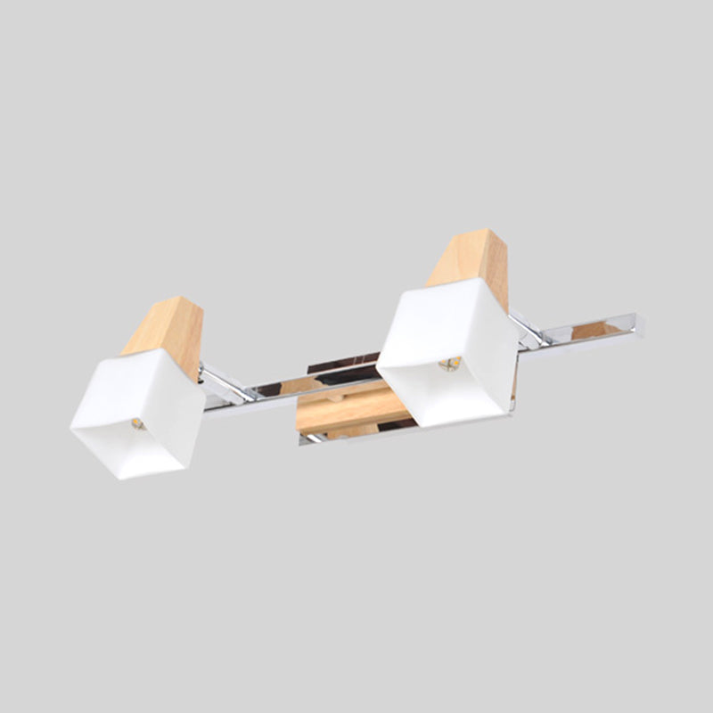 Beige Cube Vanity Light Fixture Modernist 2-Light Milk White Glass Wall Mount Lamp with Wood Top Clearhalo 'Modern wall lights' 'Modern' 'Vanity Lights' 'Wall Lights' Lighting' 734762