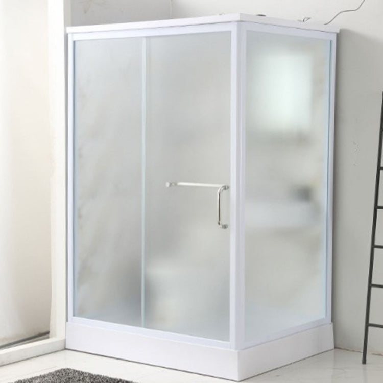 Framed Single Sliding Frosted Shower Kit Rectangle White Shower Stall Clearhalo 'Bathroom Remodel & Bathroom Fixtures' 'Home Improvement' 'home_improvement' 'home_improvement_shower_stalls_enclosures' 'Shower Stalls & Enclosures' 'shower_stalls_enclosures' 'Showers & Bathtubs' 7347769