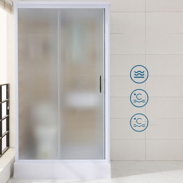 Framed Single Sliding Frosted Shower Kit Rectangle White Shower Stall Clearhalo 'Bathroom Remodel & Bathroom Fixtures' 'Home Improvement' 'home_improvement' 'home_improvement_shower_stalls_enclosures' 'Shower Stalls & Enclosures' 'shower_stalls_enclosures' 'Showers & Bathtubs' 7347771