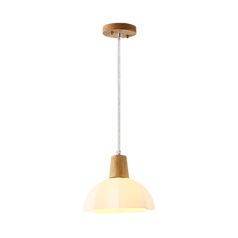 White Frosted Glass Umbrella Pendant Lighting Modernist 1-Light Beige Hanging Ceiling Lamp with Wood Cap Clearhalo 'Ceiling Lights' 'Chandeliers' 'Glass shade' 'Glass' 'Modern Pendants' 'Modern' 'Pendant Lights' 'Pendants' Lighting' 734821