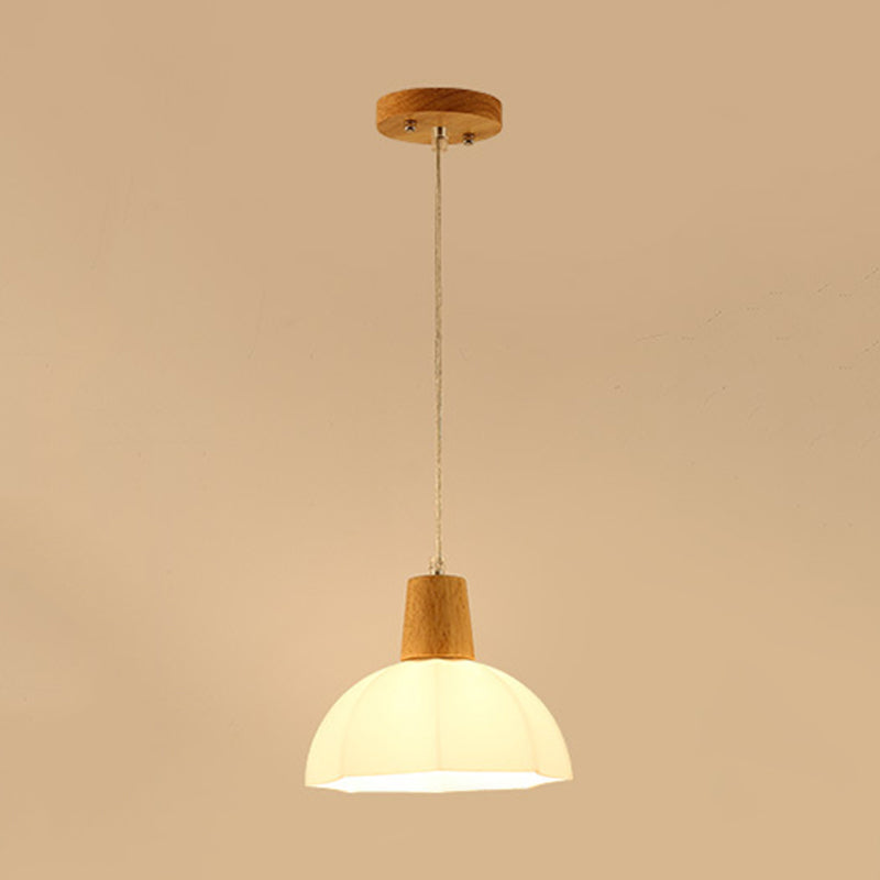 White Frosted Glass Umbrella Pendant Lighting Modernist 1-Light Beige Hanging Ceiling Lamp with Wood Cap Clearhalo 'Ceiling Lights' 'Chandeliers' 'Glass shade' 'Glass' 'Modern Pendants' 'Modern' 'Pendant Lights' 'Pendants' Lighting' 734822