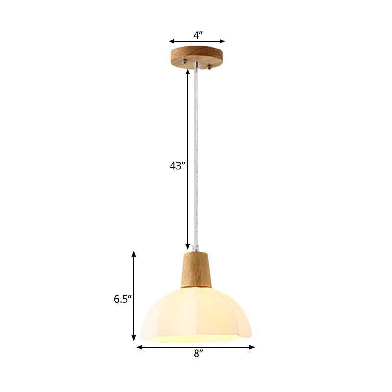 White Frosted Glass Umbrella Pendant Lighting Modernist 1-Light Beige Hanging Ceiling Lamp with Wood Cap Clearhalo 'Ceiling Lights' 'Chandeliers' 'Glass shade' 'Glass' 'Modern Pendants' 'Modern' 'Pendant Lights' 'Pendants' Lighting' 734823