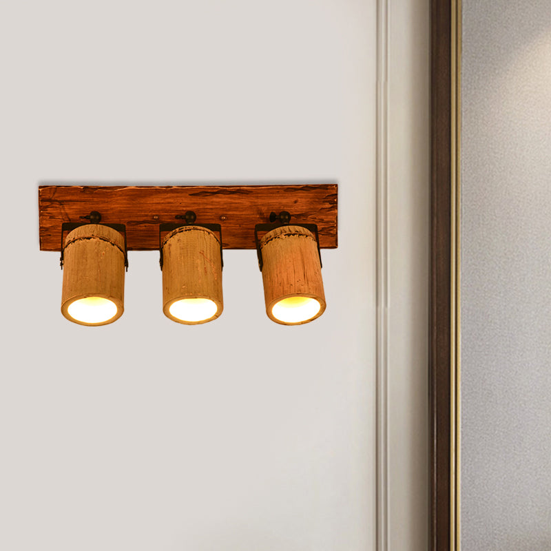Vintage Cylinder Wall Light Sconce 2/3-Light Bamboo Wall Lamp in Brown with Linear Wood Backplate 3.0 Brown Clearhalo 'Industrial wall lights' 'Industrial' 'Middle century wall lights' 'Tiffany' 'Wall Lamps & Sconces' 'Wall Lights' Lighting' 734862