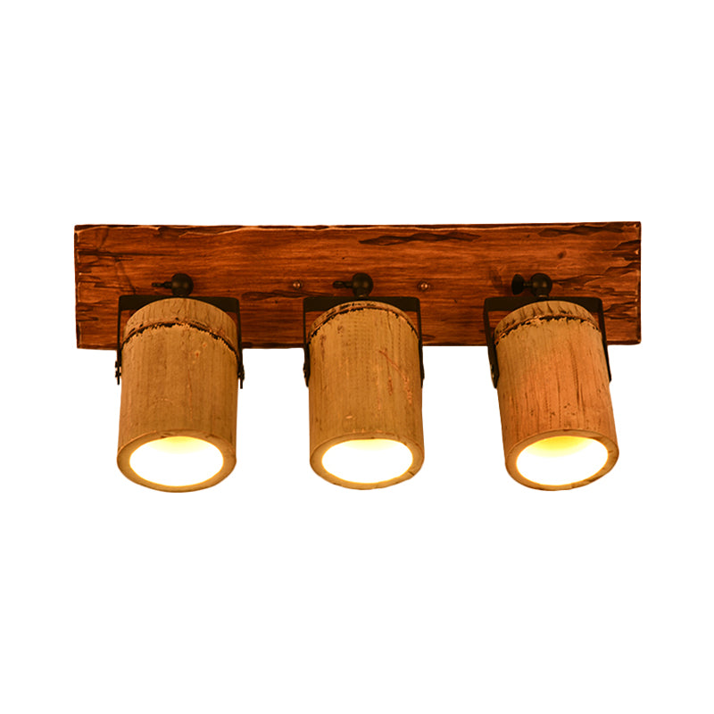 Vintage Cylinder Wall Light Sconce 2/3-Light Bamboo Wall Lamp in Brown with Linear Wood Backplate Clearhalo 'Industrial wall lights' 'Industrial' 'Middle century wall lights' 'Tiffany' 'Wall Lamps & Sconces' 'Wall Lights' Lighting' 734863