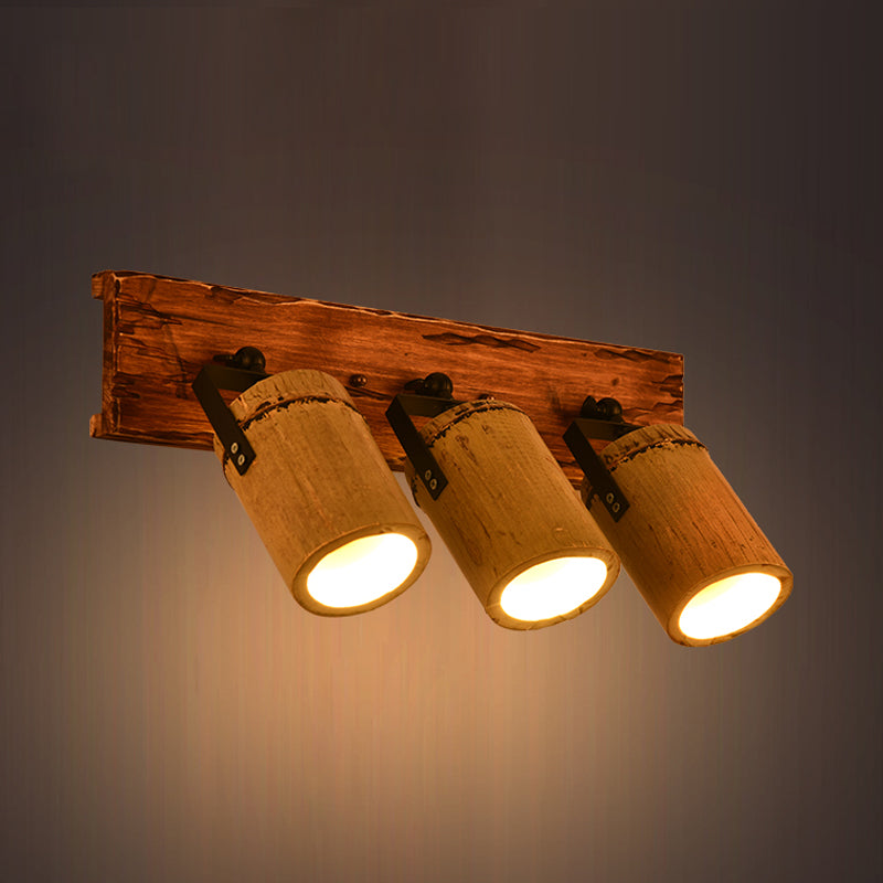 Vintage Cylinder Wall Light Sconce 2/3-Light Bamboo Wall Lamp in Brown with Linear Wood Backplate Clearhalo 'Industrial wall lights' 'Industrial' 'Middle century wall lights' 'Tiffany' 'Wall Lamps & Sconces' 'Wall Lights' Lighting' 734864