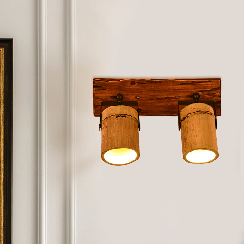 Vintage Cylinder Wall Light Sconce 2/3-Light Bamboo Wall Lamp in Brown with Linear Wood Backplate 2.0 Brown Clearhalo 'Industrial wall lights' 'Industrial' 'Middle century wall lights' 'Tiffany' 'Wall Lamps & Sconces' 'Wall Lights' Lighting' 734866