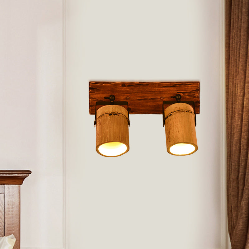 Vintage Cylinder Wall Light Sconce 2/3-Light Bamboo Wall Lamp in Brown with Linear Wood Backplate Clearhalo 'Industrial wall lights' 'Industrial' 'Middle century wall lights' 'Tiffany' 'Wall Lamps & Sconces' 'Wall Lights' Lighting' 734867
