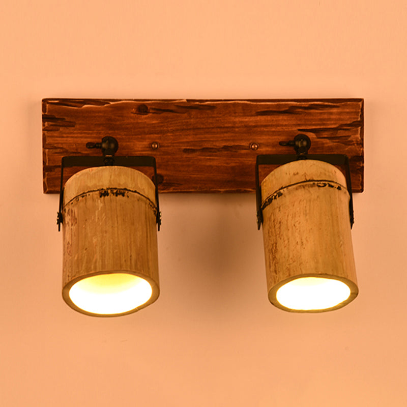 Vintage Cylinder Wall Light Sconce 2/3-Light Bamboo Wall Lamp in Brown with Linear Wood Backplate Clearhalo 'Industrial wall lights' 'Industrial' 'Middle century wall lights' 'Tiffany' 'Wall Lamps & Sconces' 'Wall Lights' Lighting' 734869