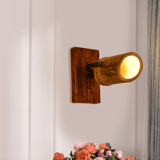 Vintage Cylinder Wall Light Sconce 2/3-Light Bamboo Wall Lamp in Brown with Linear Wood Backplate 1.0 Brown Clearhalo 'Industrial wall lights' 'Industrial' 'Middle century wall lights' 'Tiffany' 'Wall Lamps & Sconces' 'Wall Lights' Lighting' 734871