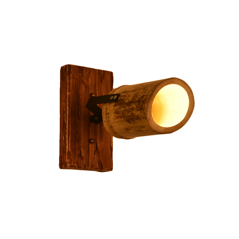 Vintage Cylinder Wall Light Sconce 2/3-Light Bamboo Wall Lamp in Brown with Linear Wood Backplate Clearhalo 'Industrial wall lights' 'Industrial' 'Middle century wall lights' 'Tiffany' 'Wall Lamps & Sconces' 'Wall Lights' Lighting' 734873